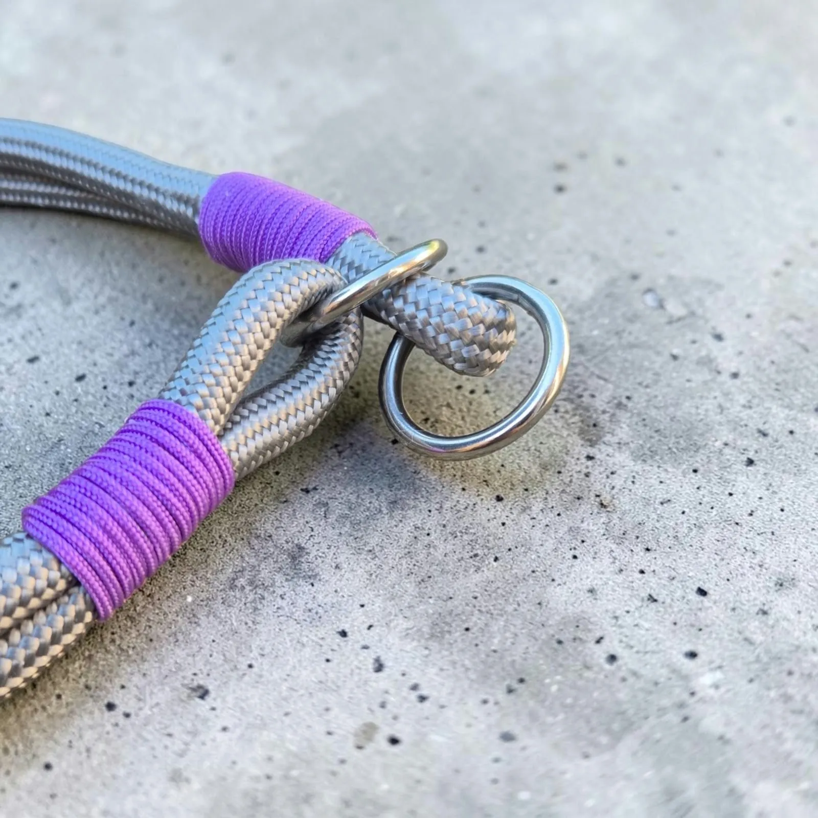 Silver grey rope lead with purple whipping detail