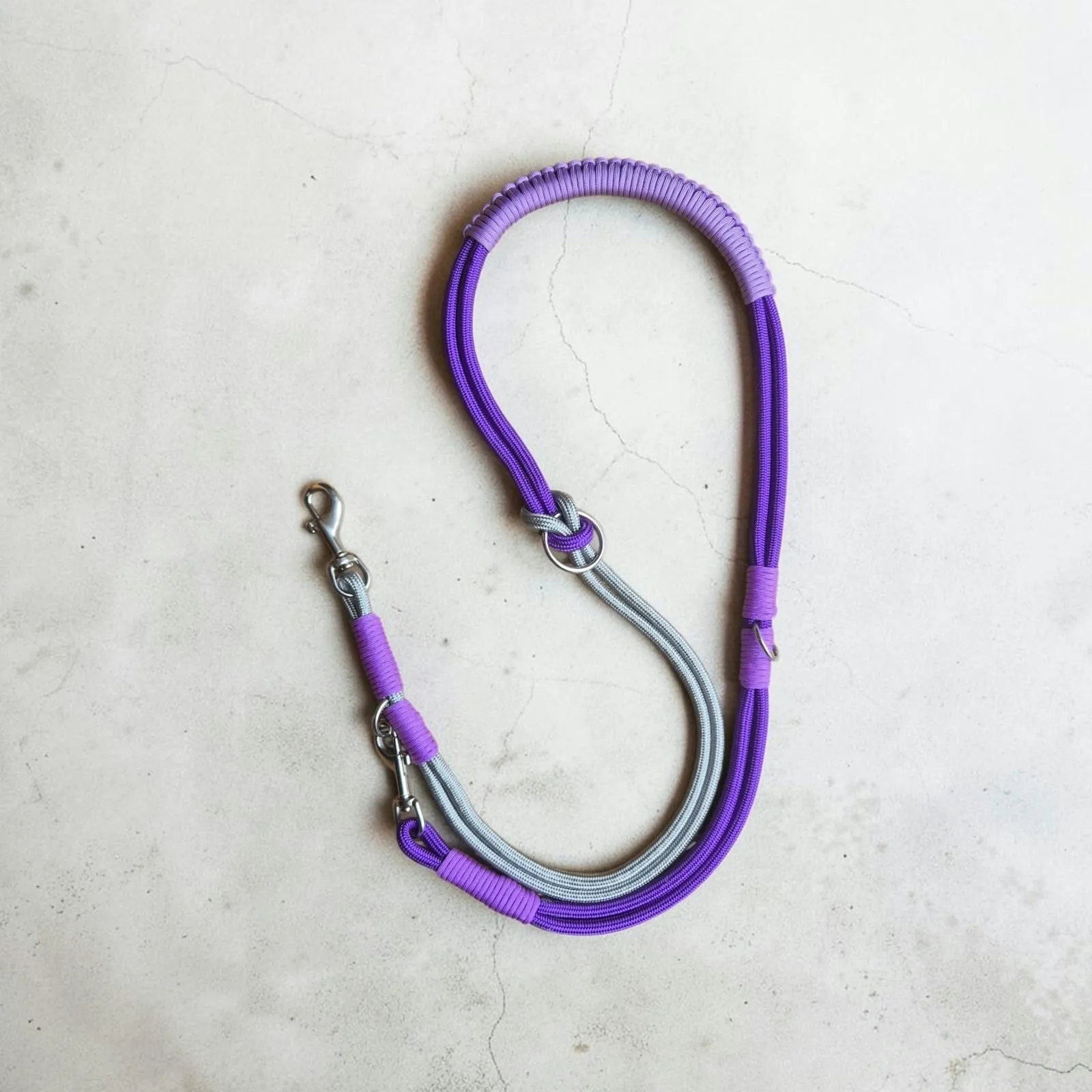 Purple and grey rope lead with a lilac braided handle