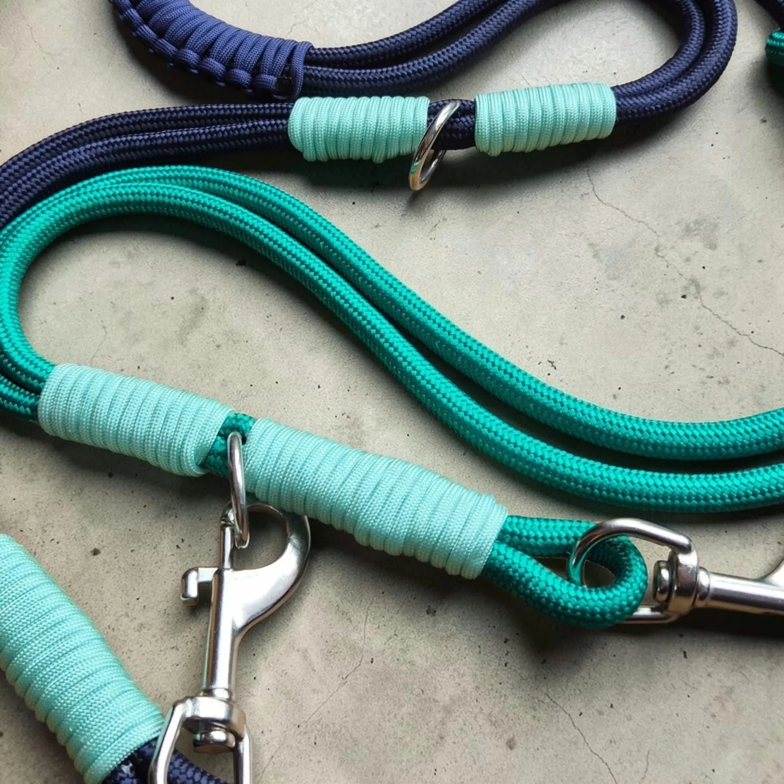 Teal and navy rope leads finished with mint whipping and stainless steel clips