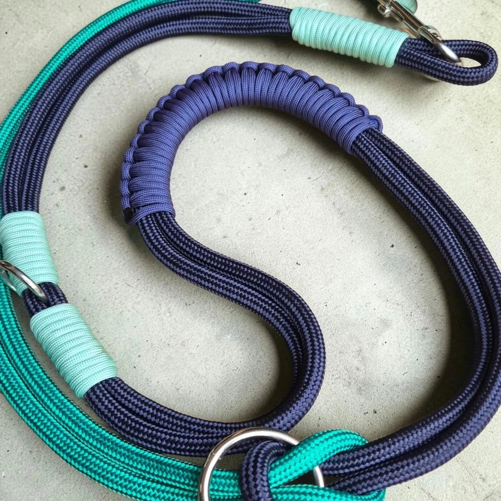 Navy and teal rope leads with mint and purple whipping detail